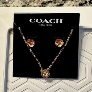 Coach Rose Gold Open Circle Necklace Tea Rose Stud Earrings.